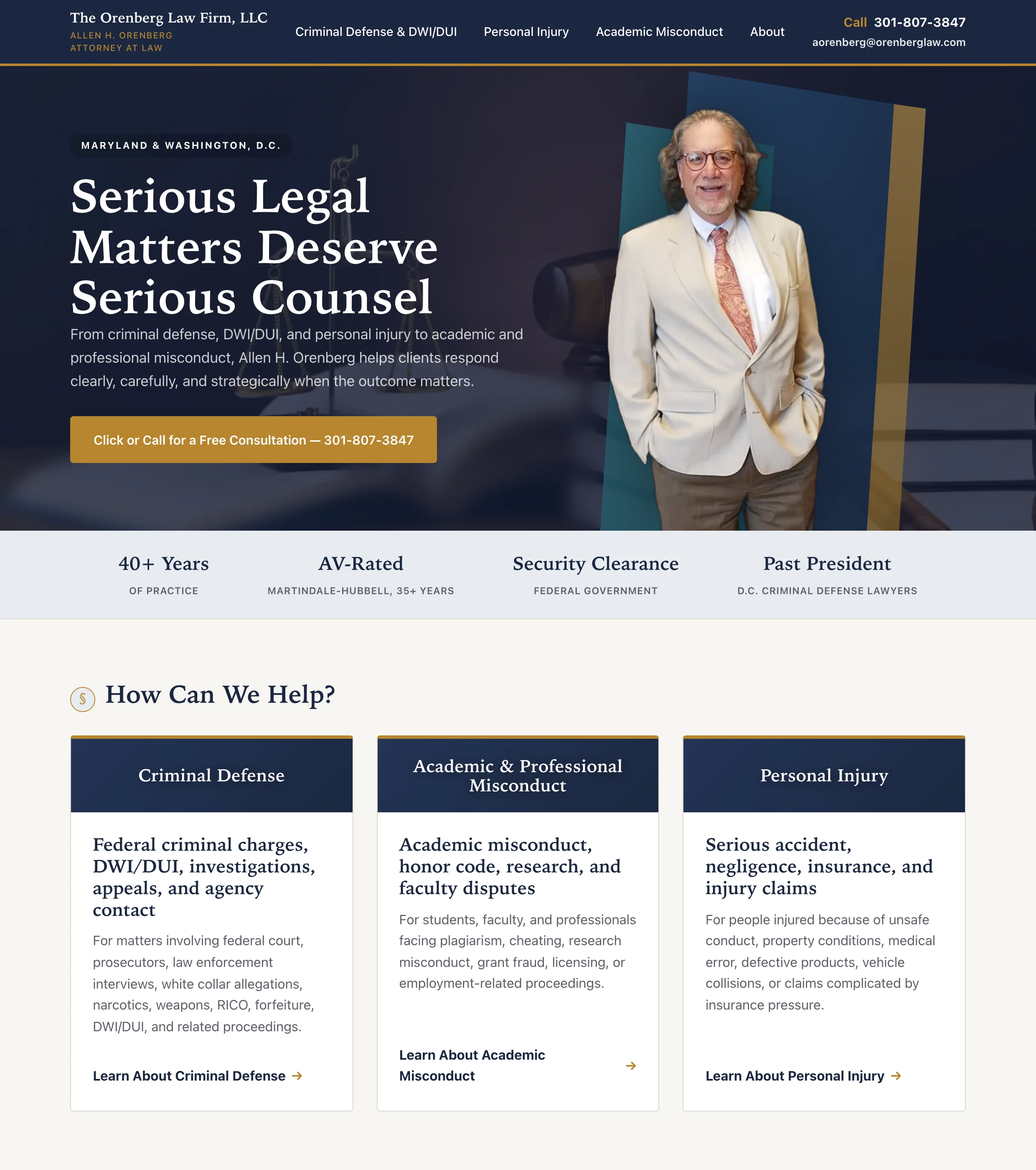 The new Orenberg Law homepage on a desktop screen